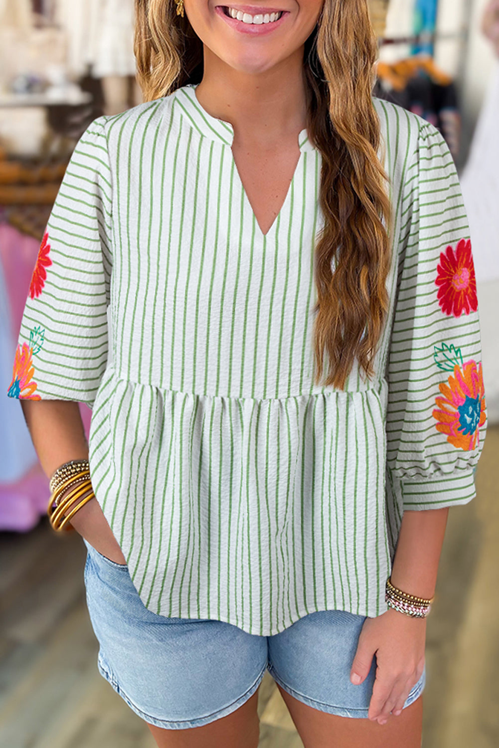 Green Stripe Flower Babydoll Blouse August.