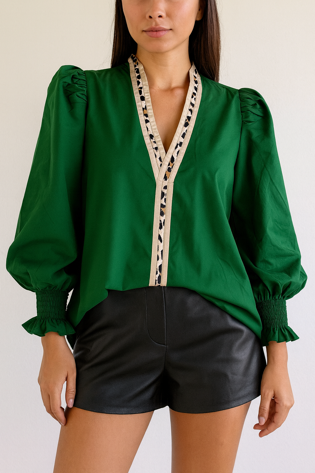 Green Leopard Trim Blouse LT