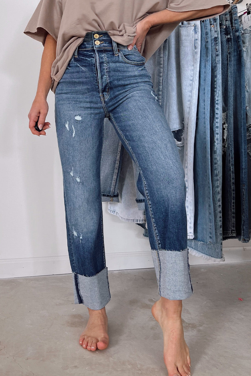 High Waist Straight Cuff Jeans LT