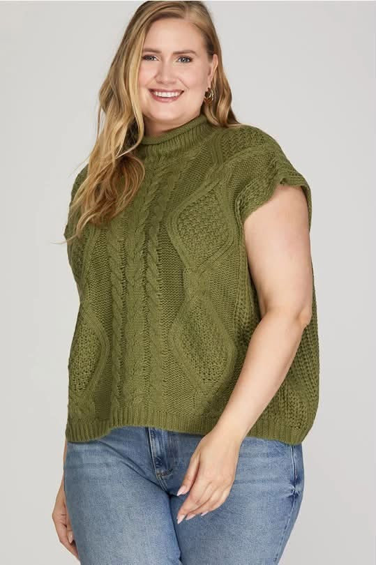 Olive Cable Knit Sleeveless Sweater (Plus)