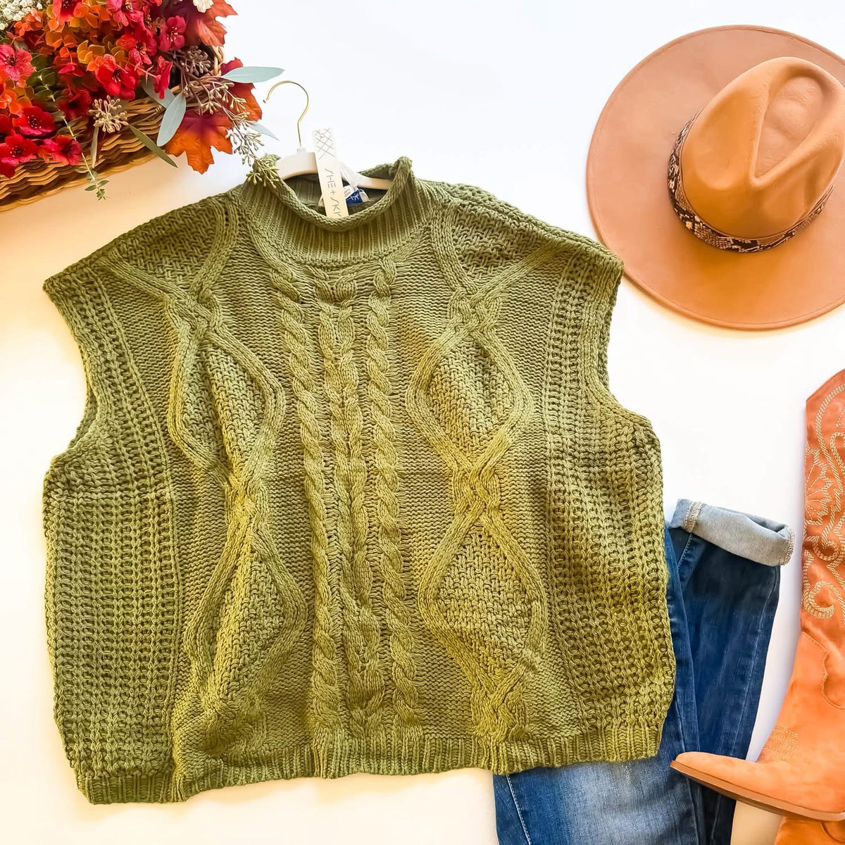 Olive Cable Knit Sleeveless Sweater (Plus)