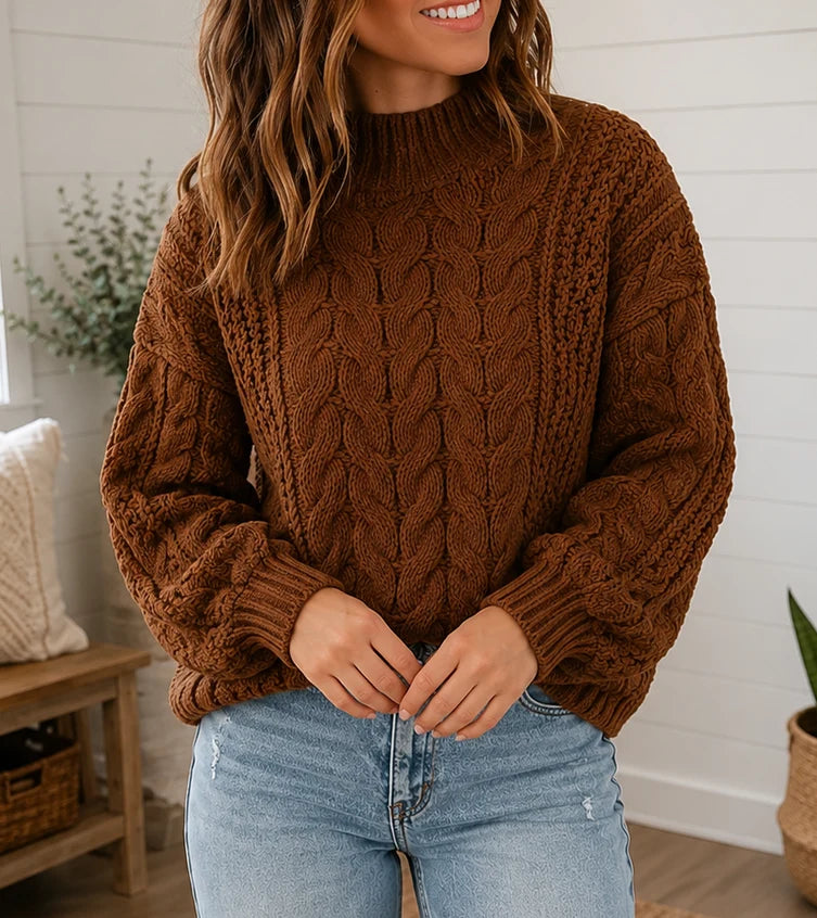 Coffee Cable Knit High Neck Sweater