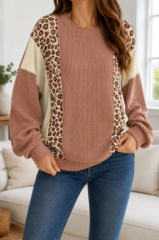 Leopard Colorblock Ribbed Top