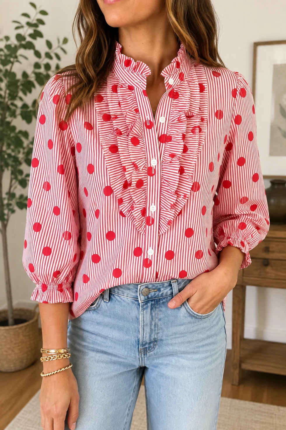 Red Polka Dot Ruffle Shirt