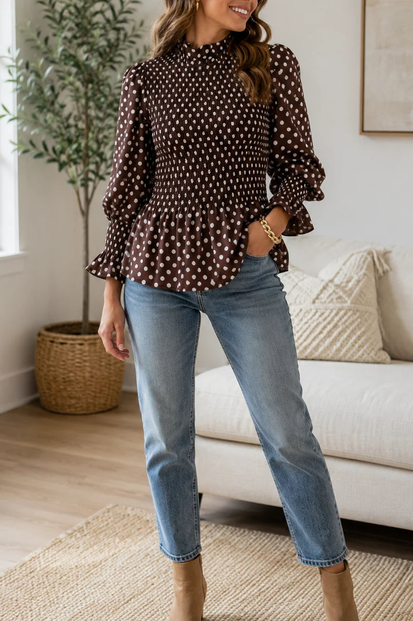 Brown Polka Dot Ruffle Blouse