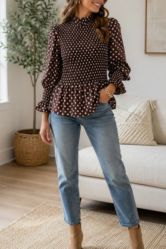 Brown Polka Dot Ruffle Blouse