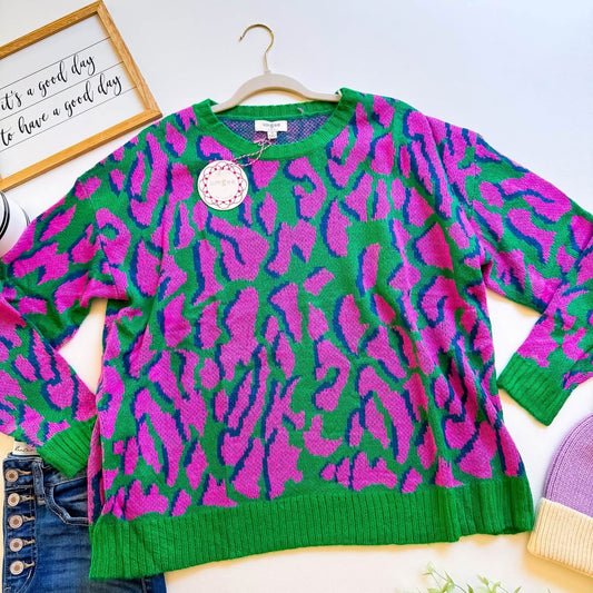 Umgee Pink & Green Leopard Sweater