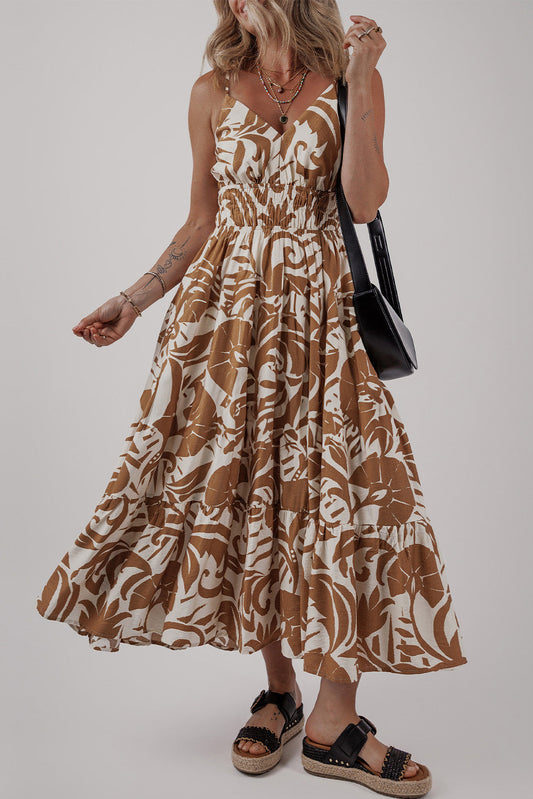Khaki Floral Shirred Maxi Dress August.