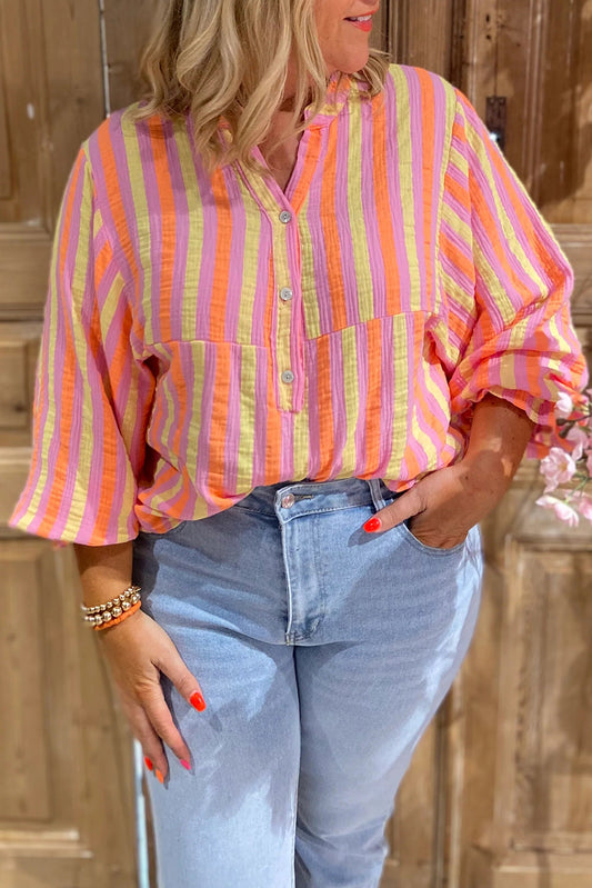 Pink Stripe Crinkled Plus Size Top LT