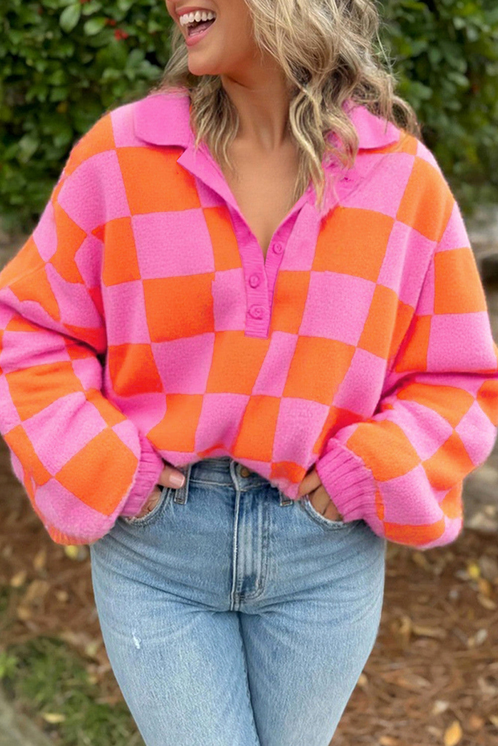 Pink Checkered Knit Polo Sweater FB