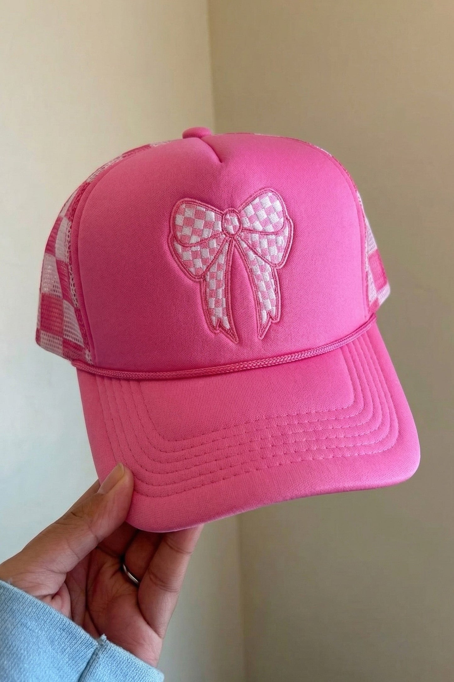 Pink Embroidered Bow Hat