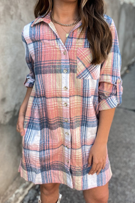 Pink Plaid Side Slit Shirt Dress FB