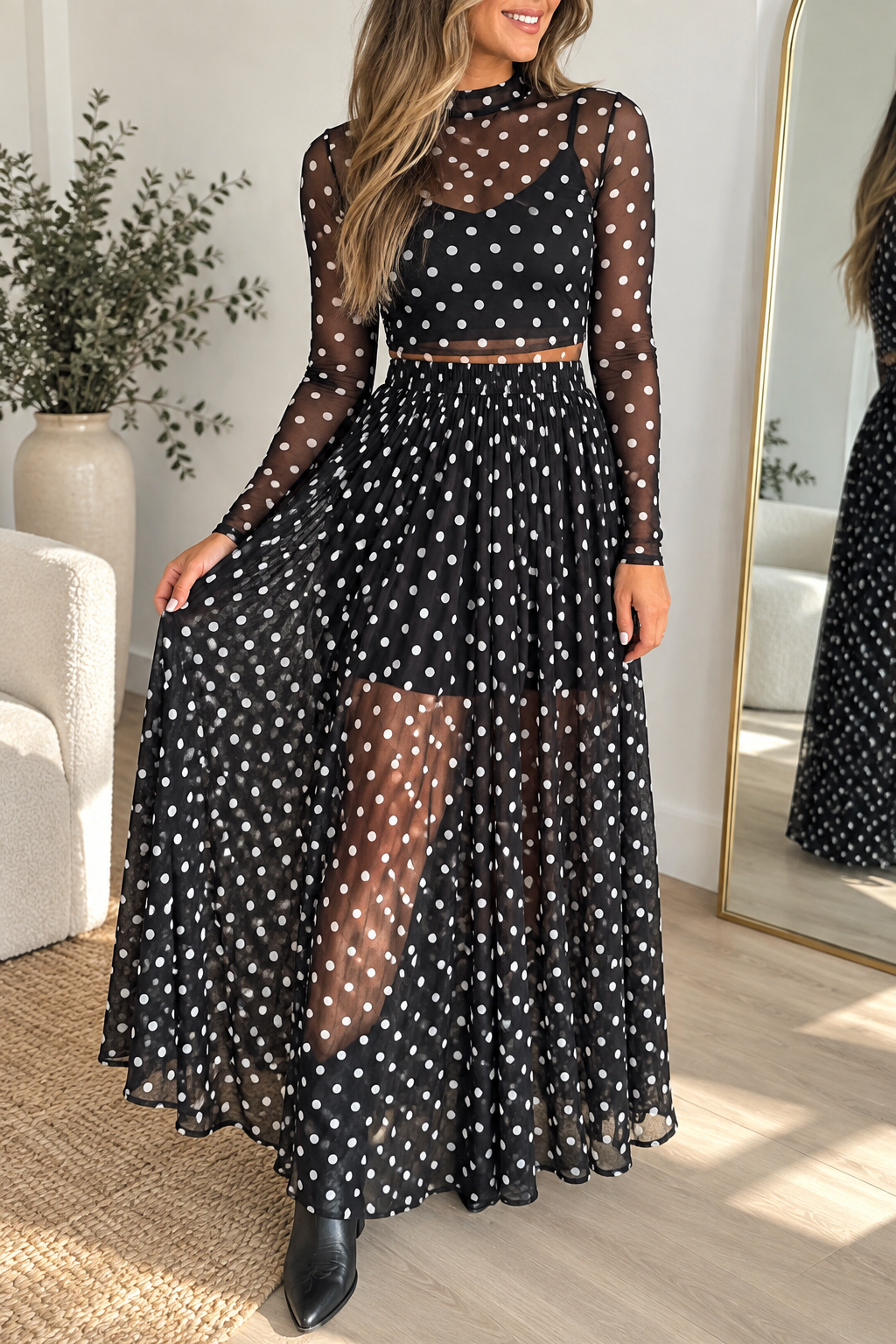 Polka Dot Mesh 2pcs Dress Set