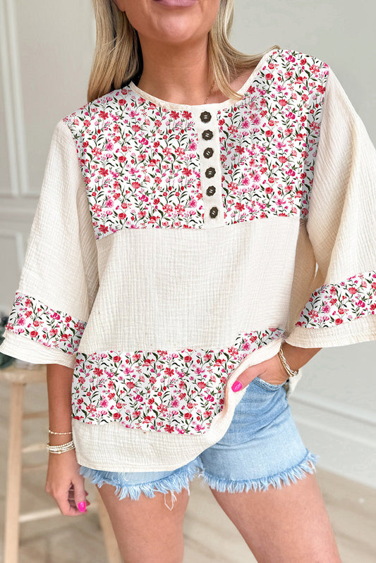 Red Floral Henley Blouse FB