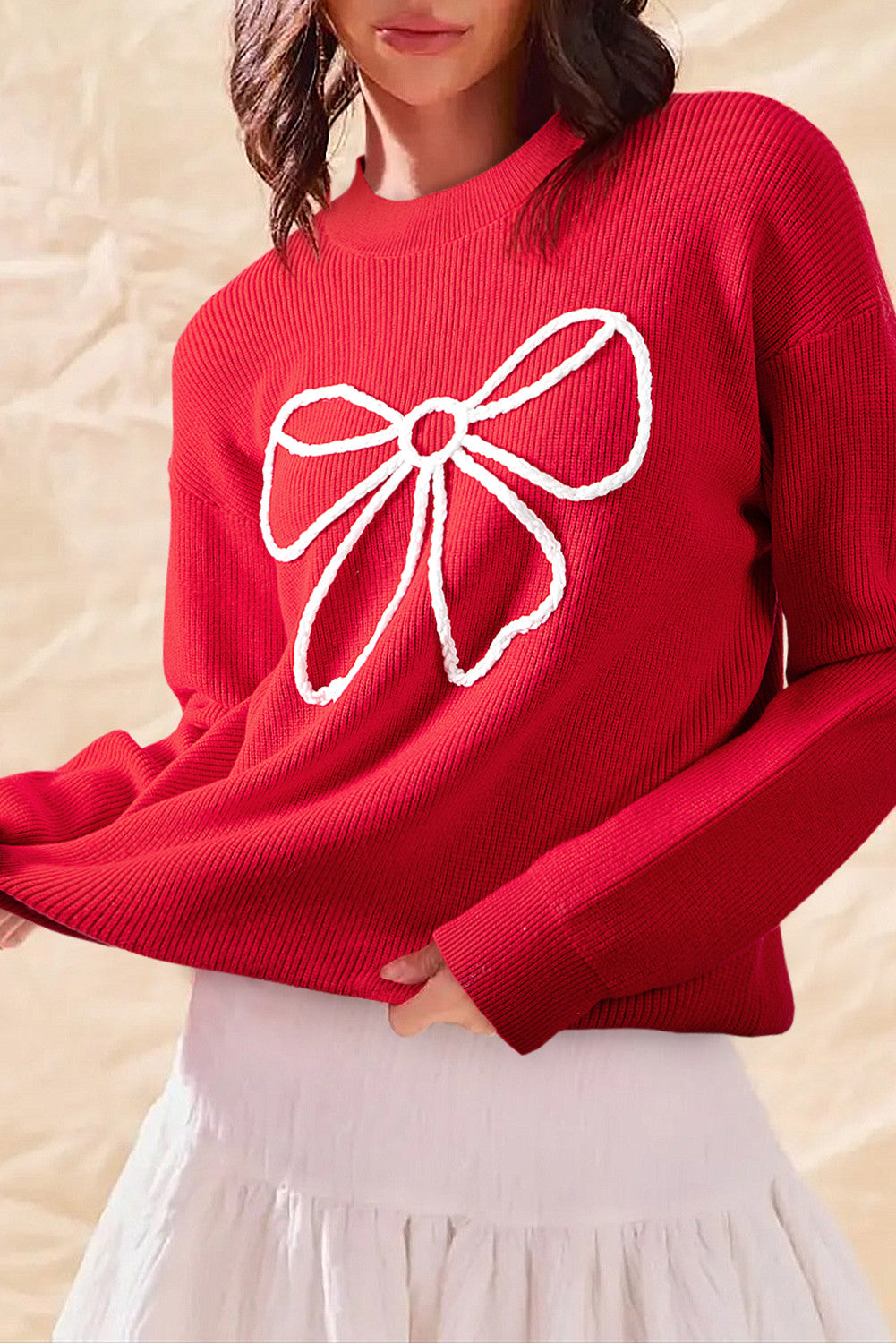 Red Embroidered Bow Sweater FB