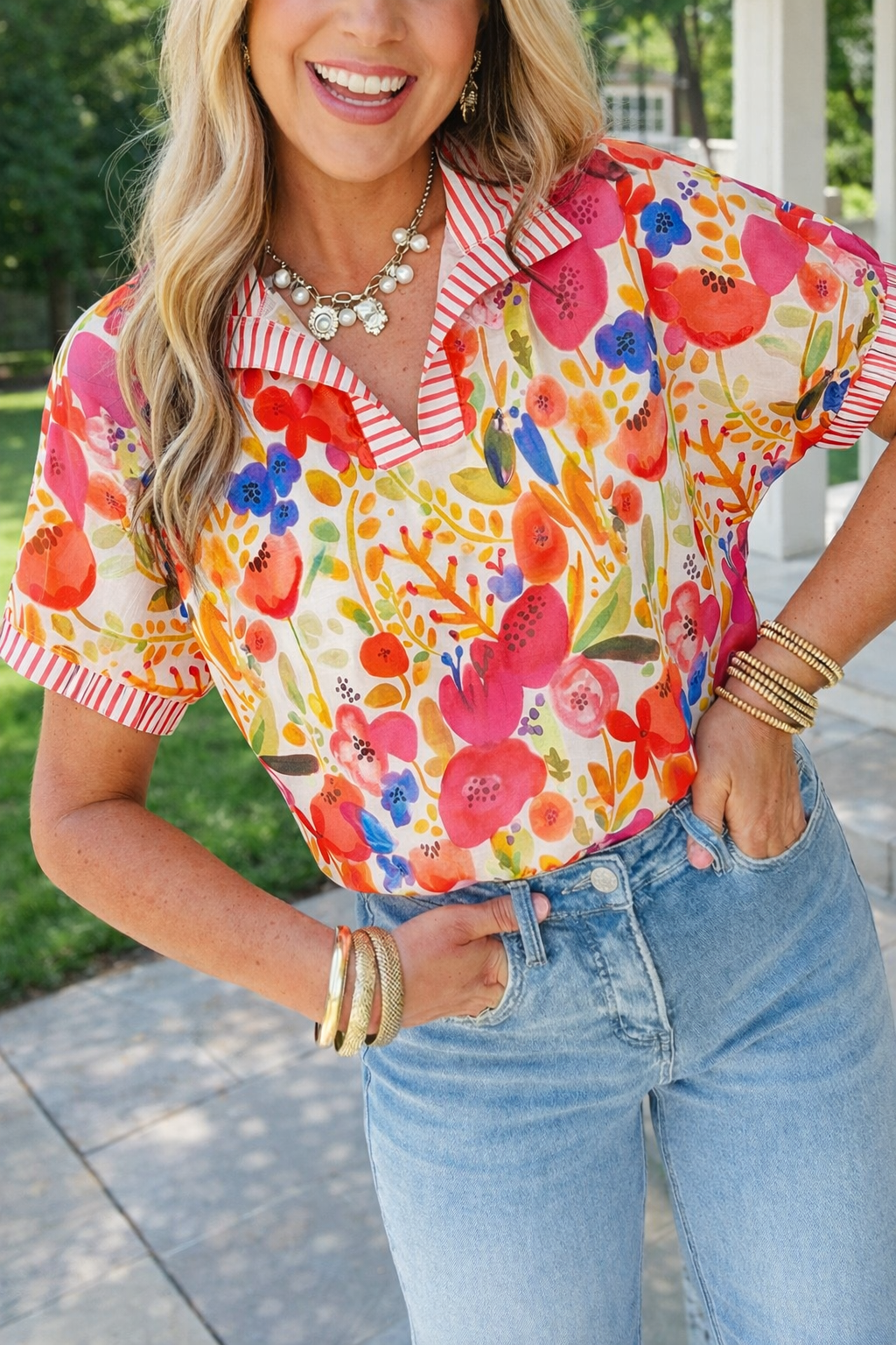 Rose Striped Trim Floral Blouse February.