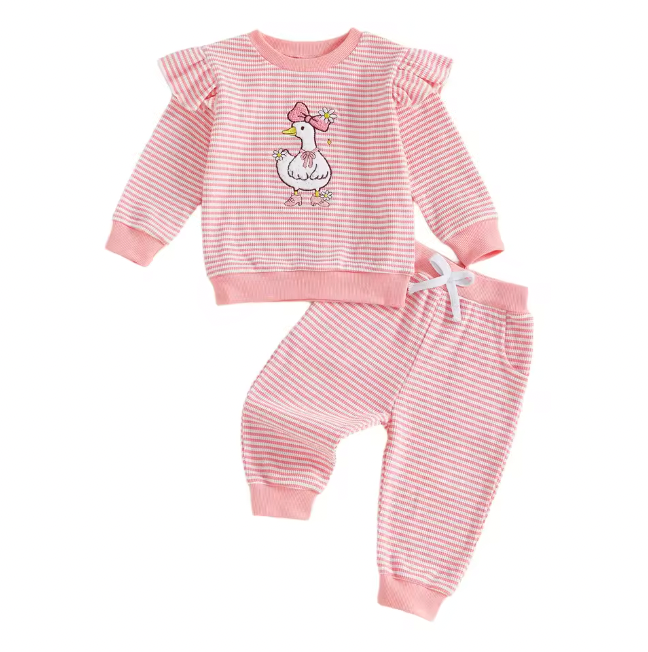 Pink Embroidered Goose Pink Striped Lounge Set