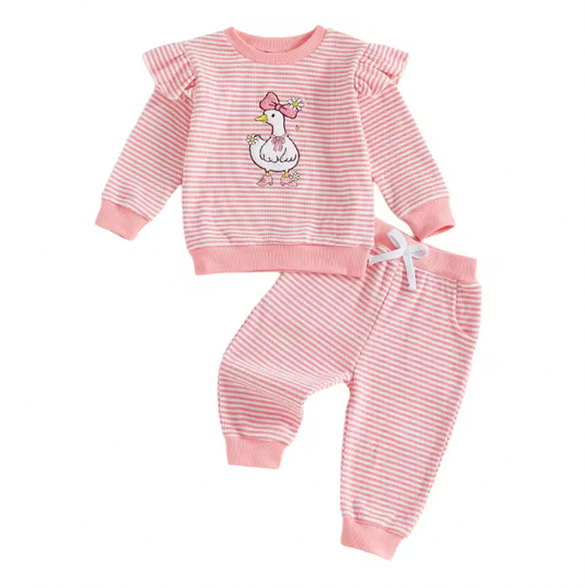 Pink Embroidered Goose Pink Striped Lounge Set