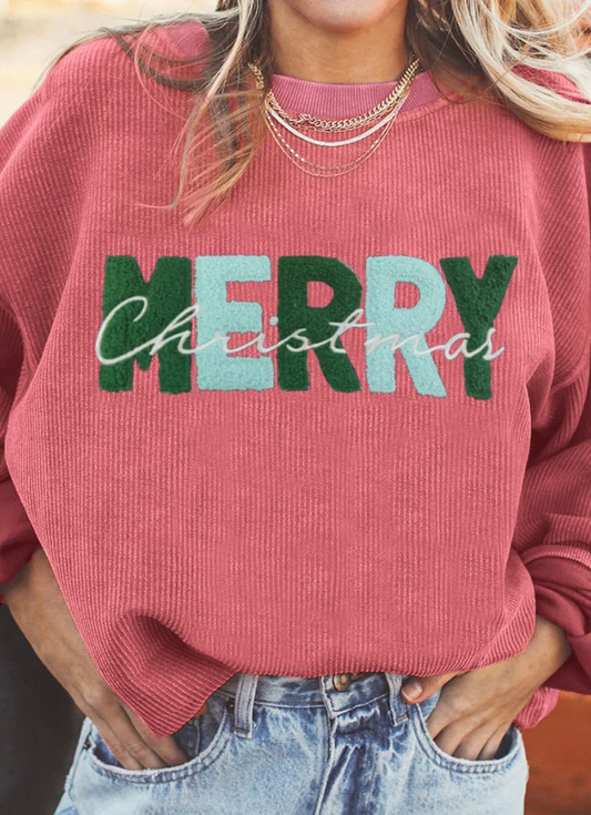STRAWBERRY PINK MERRY CHRISTMAS RIBBED BAGGY SWEATSHIRT RTS