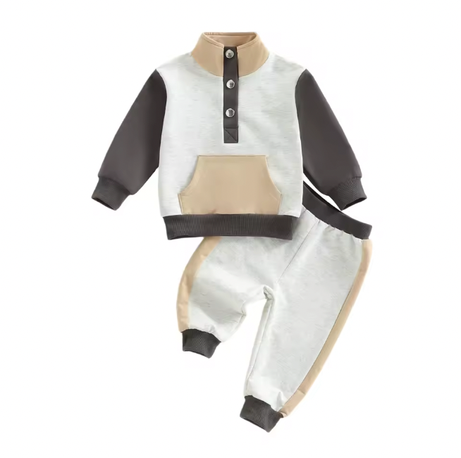 Brown and Cream Colorblock Button Lounge Set