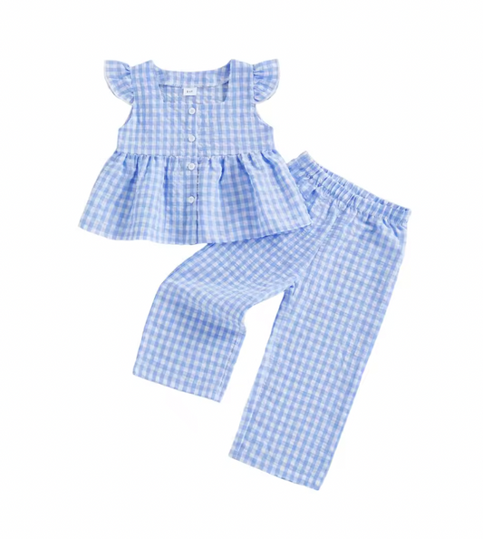 Blue Gingham Ruffle Tank Pants Set
