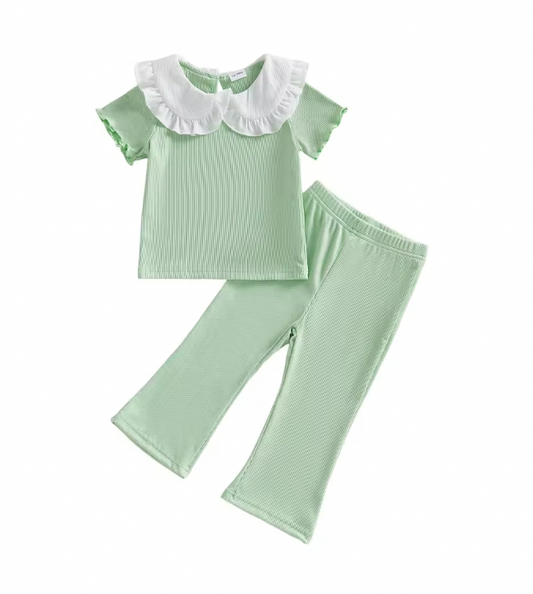 Green Ribbed Solid White Collared Set