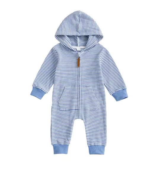 Blue Striped Waffle Knit Hooded Zip Jumper