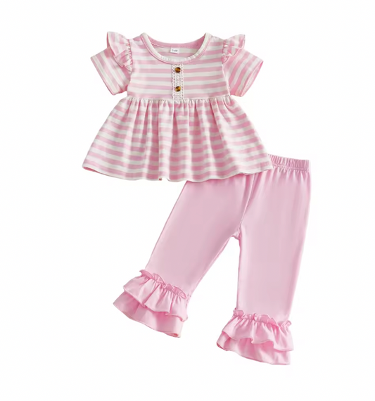 Pink Striped Ruffle Top and Pant Set