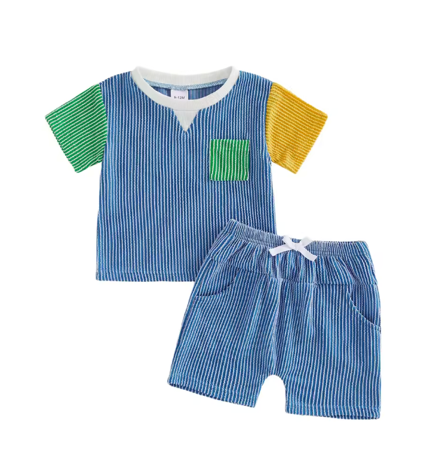 Ribbed Blue and Green Colorblock Short Set