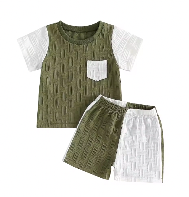 Textured Green and White Colorblock Short Set