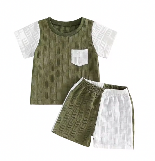Textured Green and White Colorblock Short Set