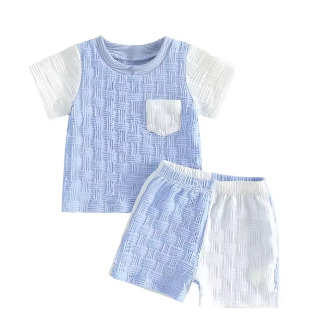 Textured Blue and White Colorblock Short Set