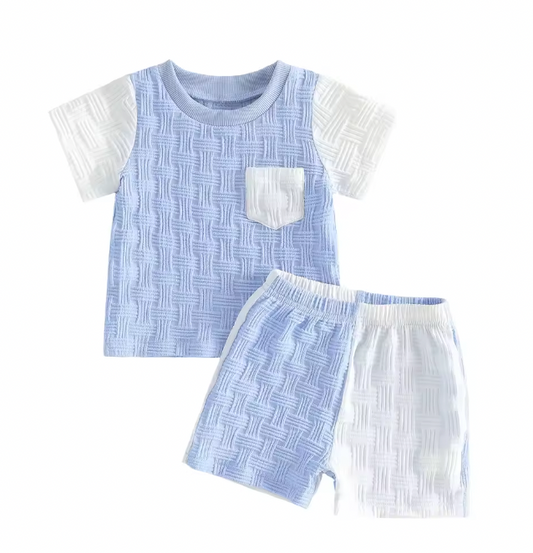 Textured Blue and White Colorblock Short Set