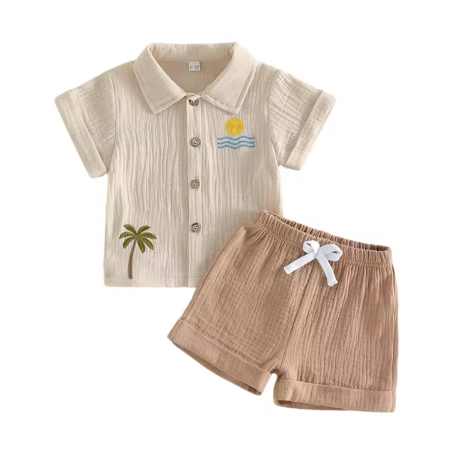 Khaki Linen Embroidered Sunshine Short Set
