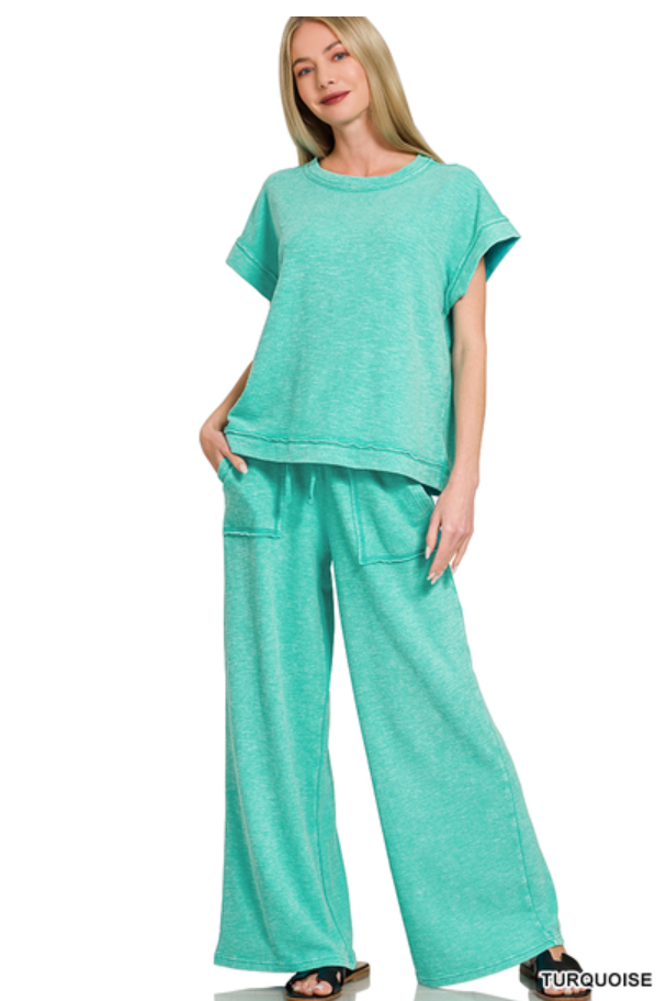 Washed Slub Short Sleeve Tee & Long Pants Set Zenana RTS