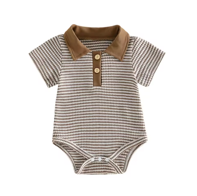 Brown Waffle Knit Striped Collared Romper