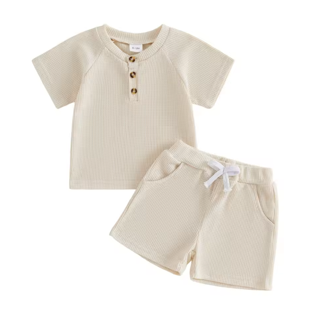 Waffle Knit Solid Beige Button Short Set