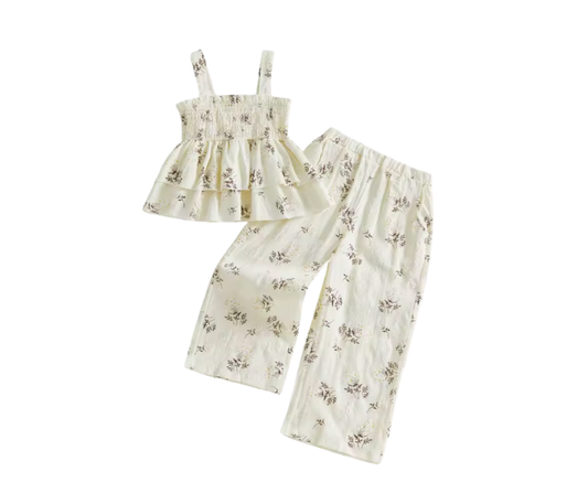 Beige Dainty Floral Wide Leg Pant Set