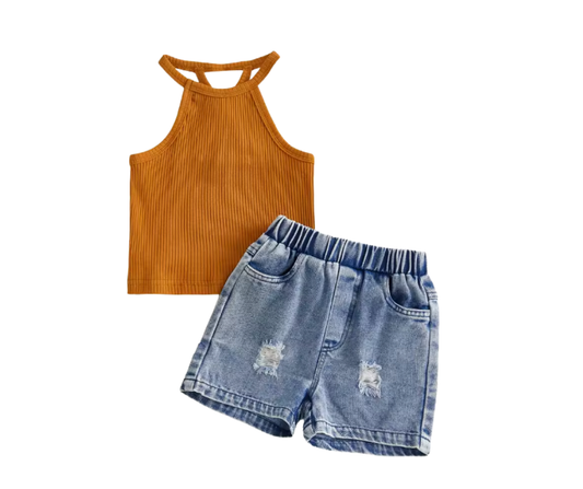 Rust High Neck Tank Denim Stretch Short Set
