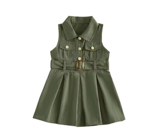 Army Green Belted Sleeveless Dress