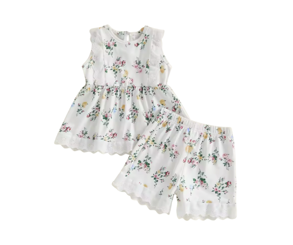 Lace Trimmed White Pastel Florals Tank Short Set