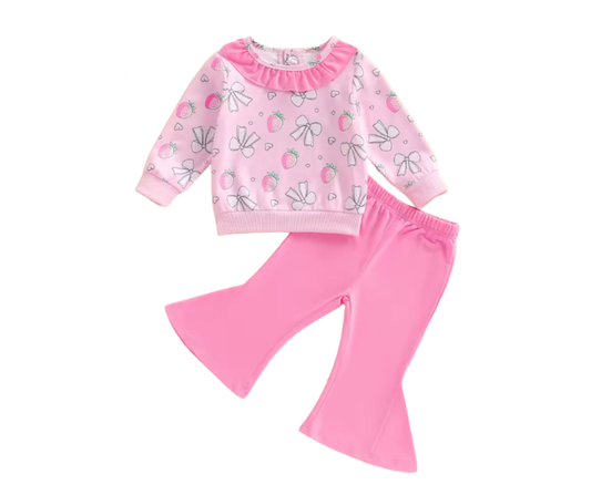 Pink Strawberry Bow Collared Flare Set