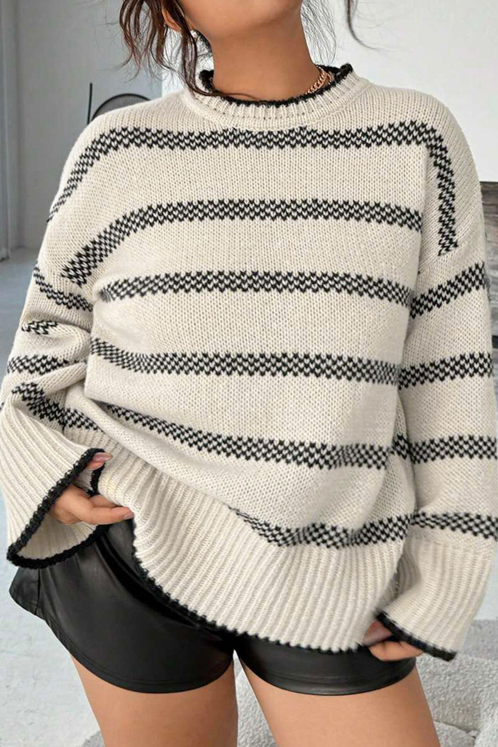 Stripe Wide Sleeve Plus Sweater FB