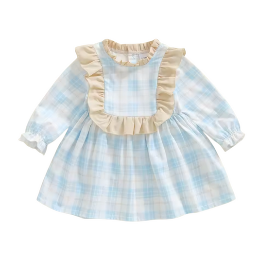 Blue Plaid Beige Ruffle Bubble Sleeve Dress