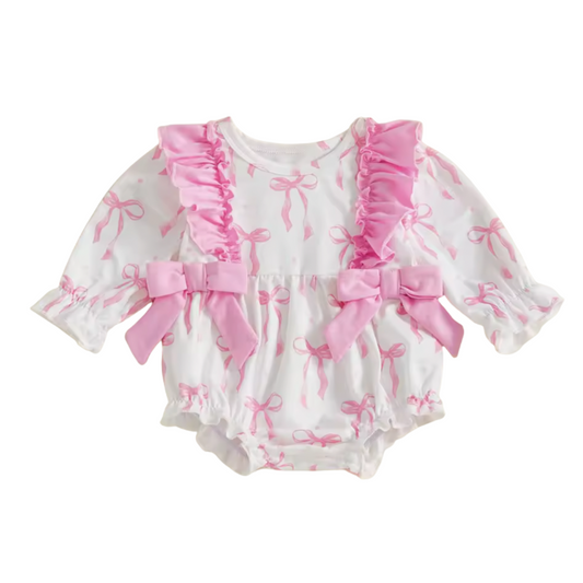 White and Pink Ruffle Bow Bubble Romper