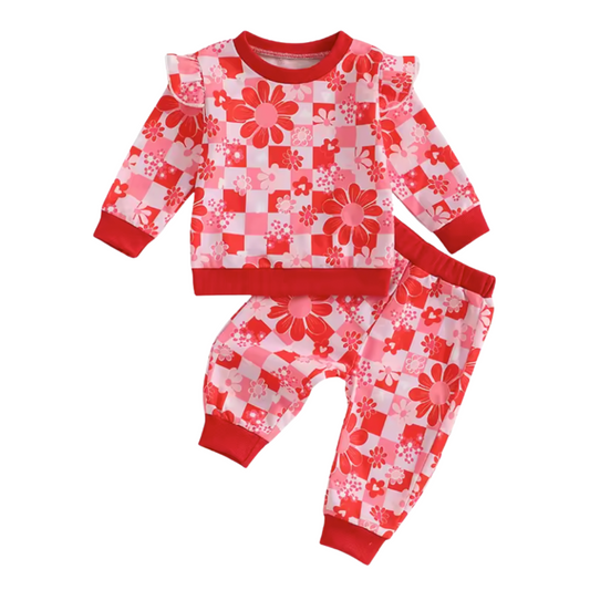 Red Chex Floral Ruffle Lounge Set