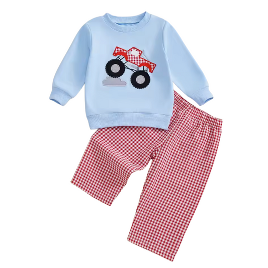 Red Embroidered Monster Truck Seersucker Pant Set