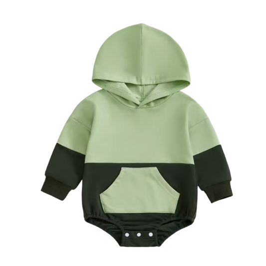 Green and Black Colorblock Hooded Romper