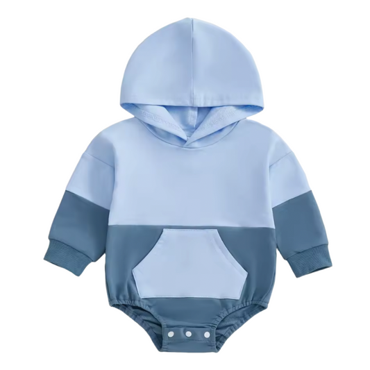 Two Tone Blue Colorblock Hooded Romper