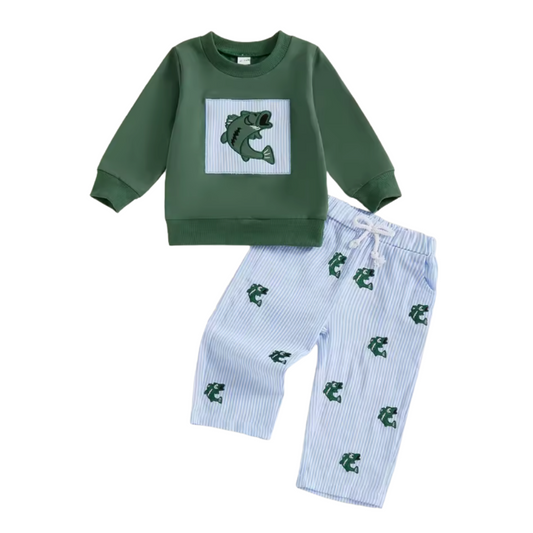 Embroidered Fish Seersucker Striped Pant Set